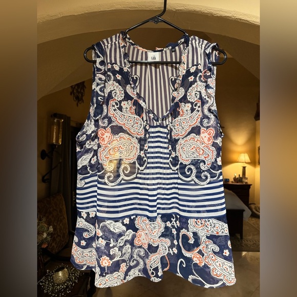 CAbi Tops - Cabi Sleeveless Paisley and Stripe Blouse - Size L